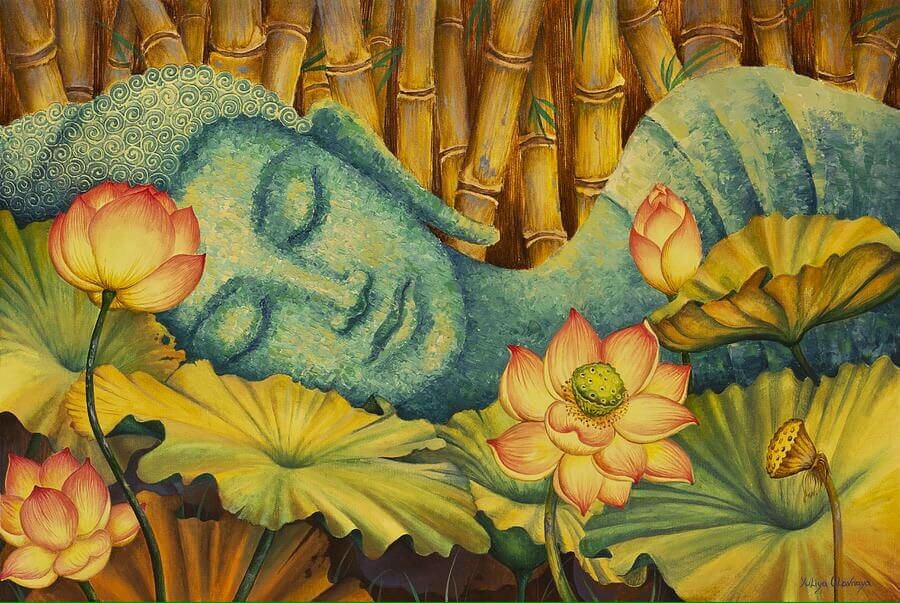 Coltiva la tua pace interiore: un Buddha dormiente circondato da fiori di loto